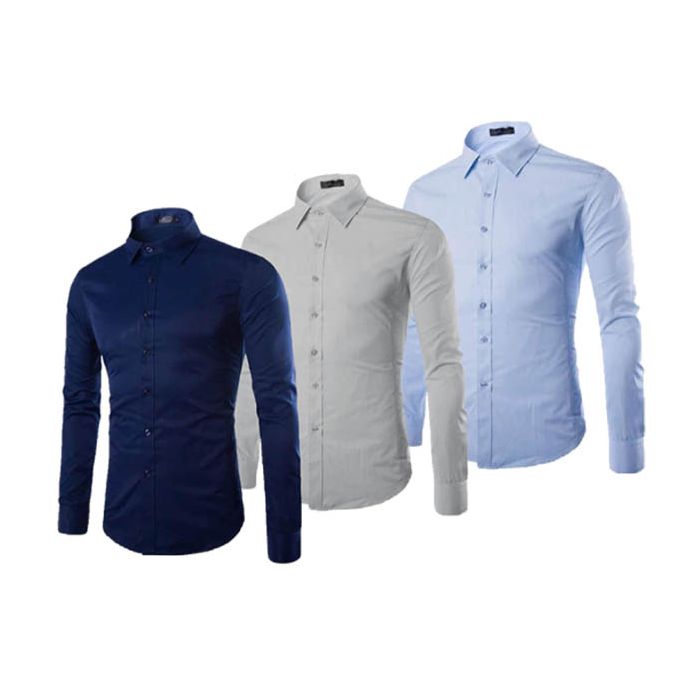 Lot de 3 Chemises à Manches Longues – Bleu Nuit, Gris et Bleu Ciel