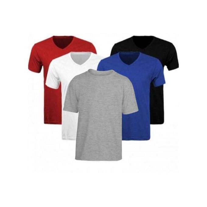Pack de 5 T-shirts en Coton: 4 Col V Et 1 Col Rond à Manches Courtes – Rouge/Blanc/Gris/Bleu/Noir
