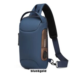 Fashion Sac à bandoulière multifonctionnel imperméable et antivol pour hommes avec chargement USB - Noir & Or