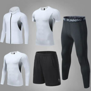 5 Pièces Ensemble Compression Homme Tenue Sport Fitness Vêtement de Sport avec Hoodies Vestes Shirt